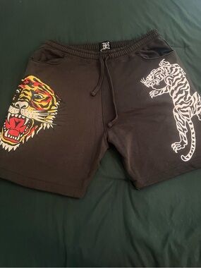 Ed Hardy Black Shorts with Colorful Tiger Head and White Tiger Graphic